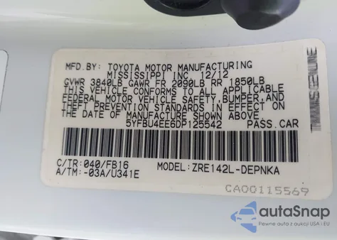 2013 Toyota Corolla Le z USA, uszkodzony, nr VIN 5YFBU4EE6DP125542